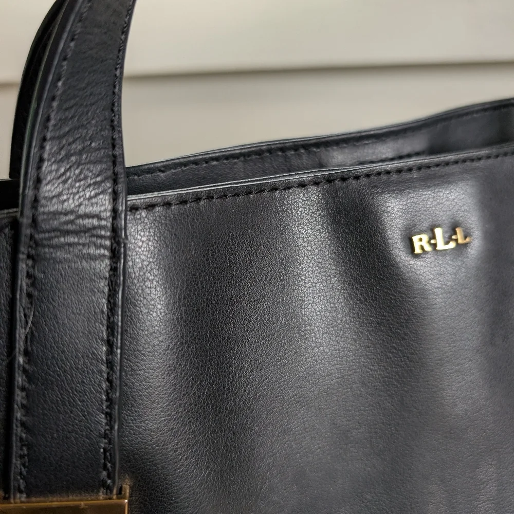 Lauren Ralph Lauren Handbag Large Tote Black And Taupe Gold Zipper And Feet - Picture 5 of 7